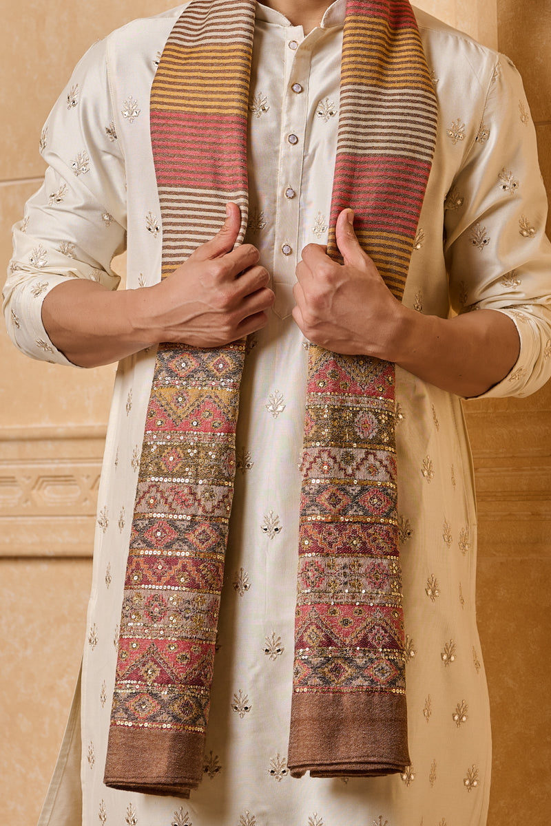 Brown Stripes Shawl With Embroidery Highlights