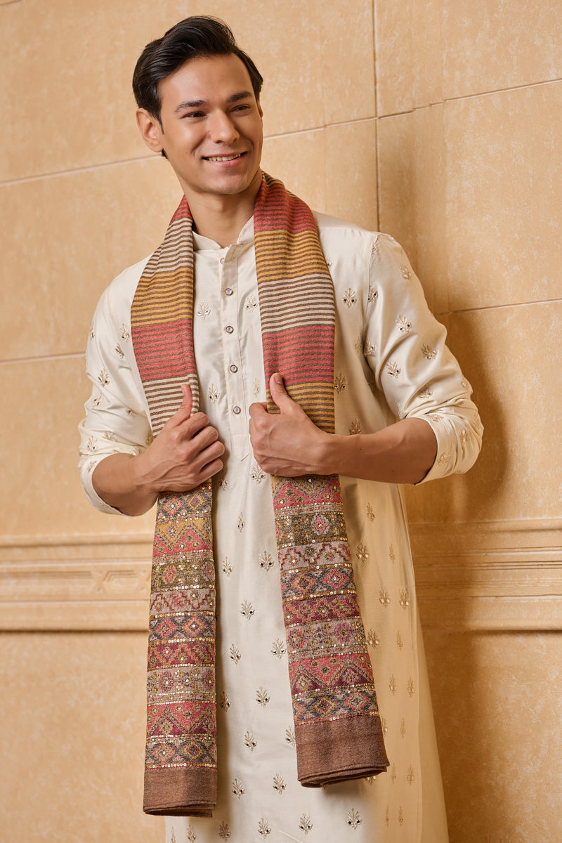 Brown Stripes Shawl With Embroidery Highlights