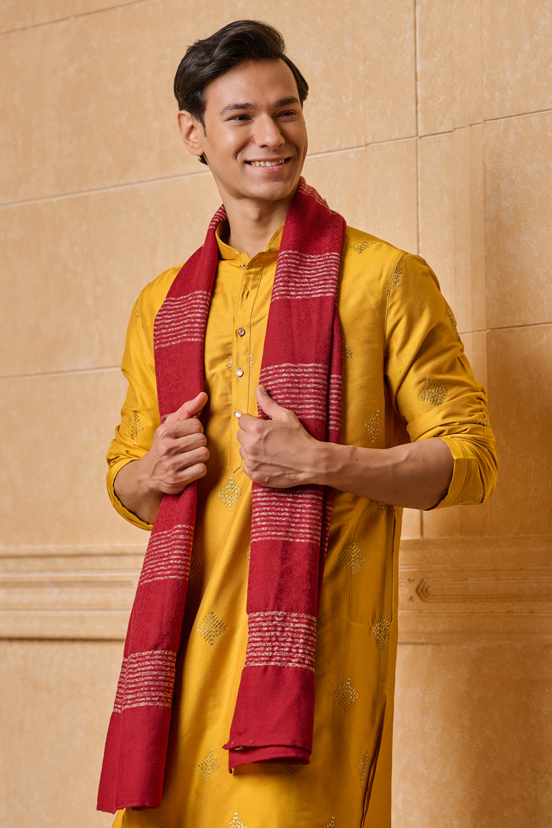 Red Shawl With Vertical Stripes Embroidery Highlights