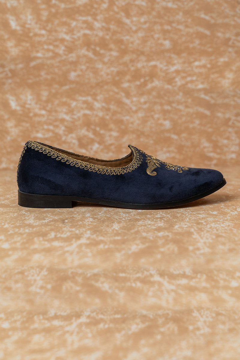 Medium Blue Velvet Embroidered Mojari