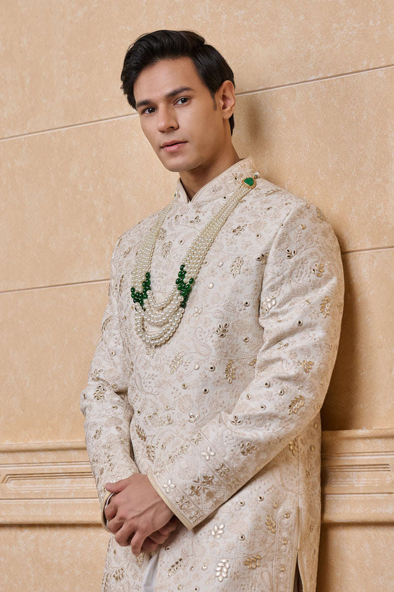 Ivory Sherwani In Thread And Gota Work