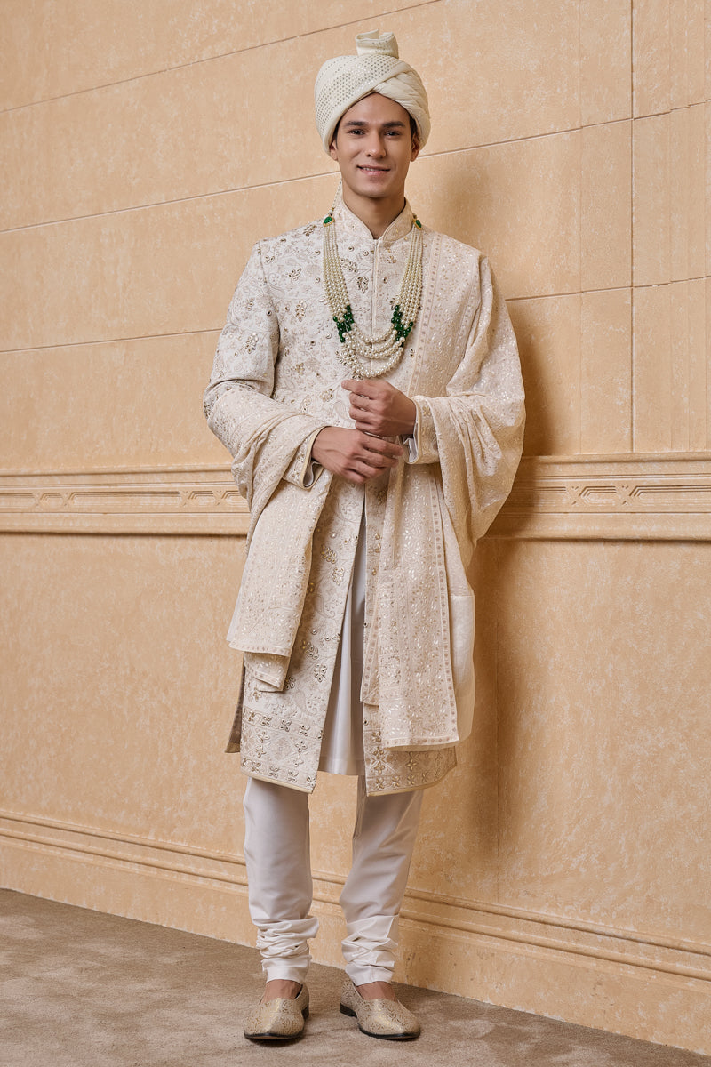 Ivory Sherwani In Thread And Gota Work