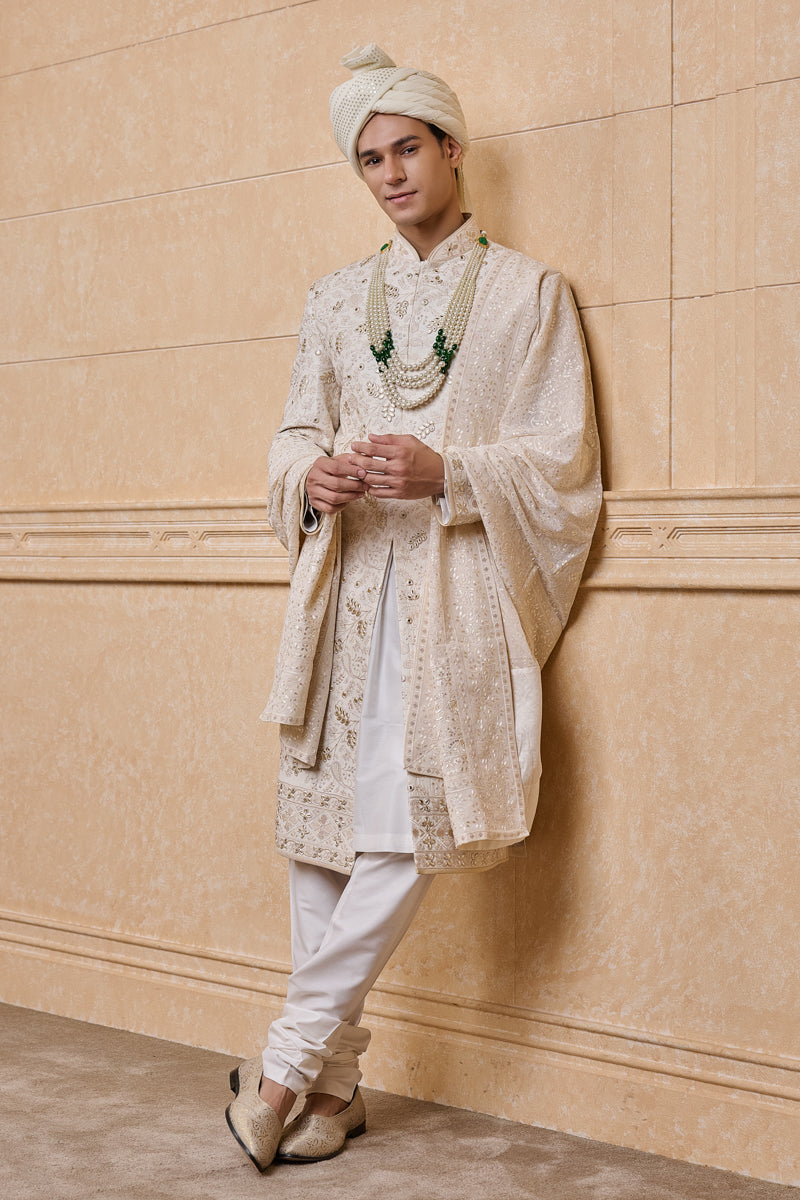 Ivory Sherwani In Thread And Gota Work