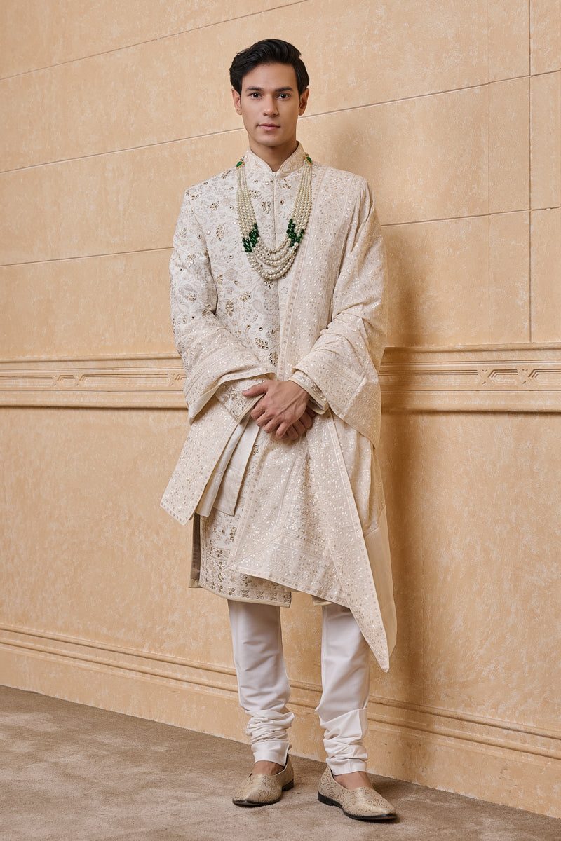 Ivory Sherwani In Thread And Gota Work