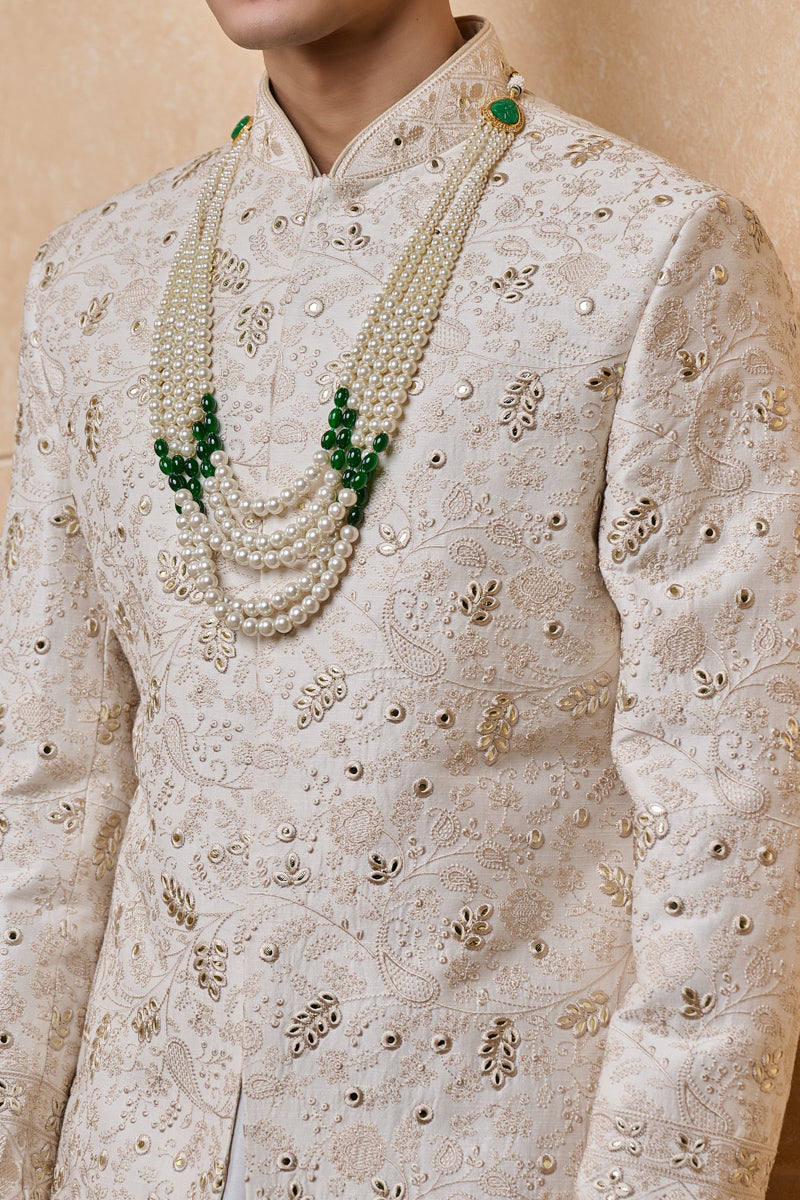 Ivory Sherwani In Thread And Gota Work