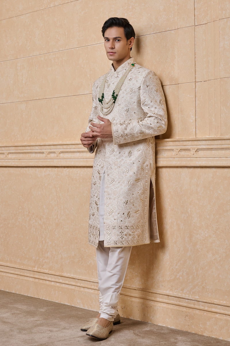 Ivory Sherwani In Thread And Gota Work