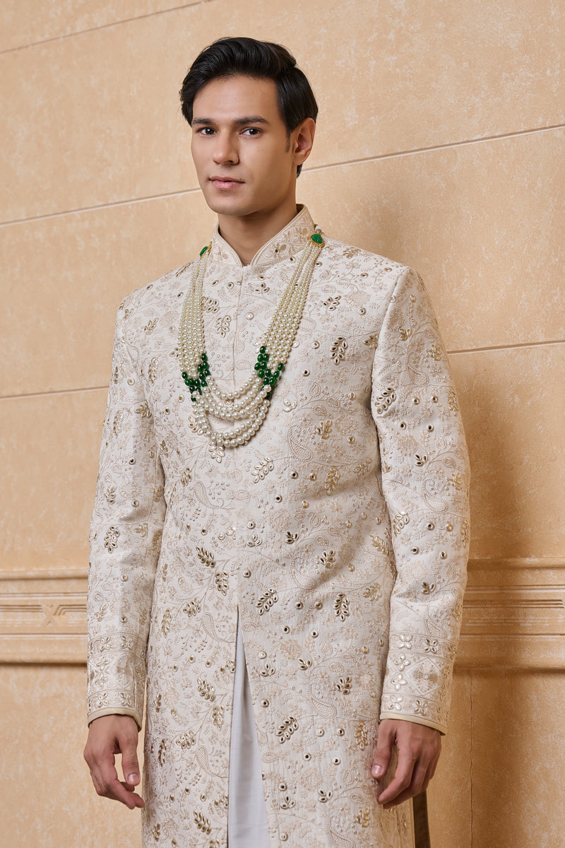 Ivory Sherwani In Thread And Gota Work