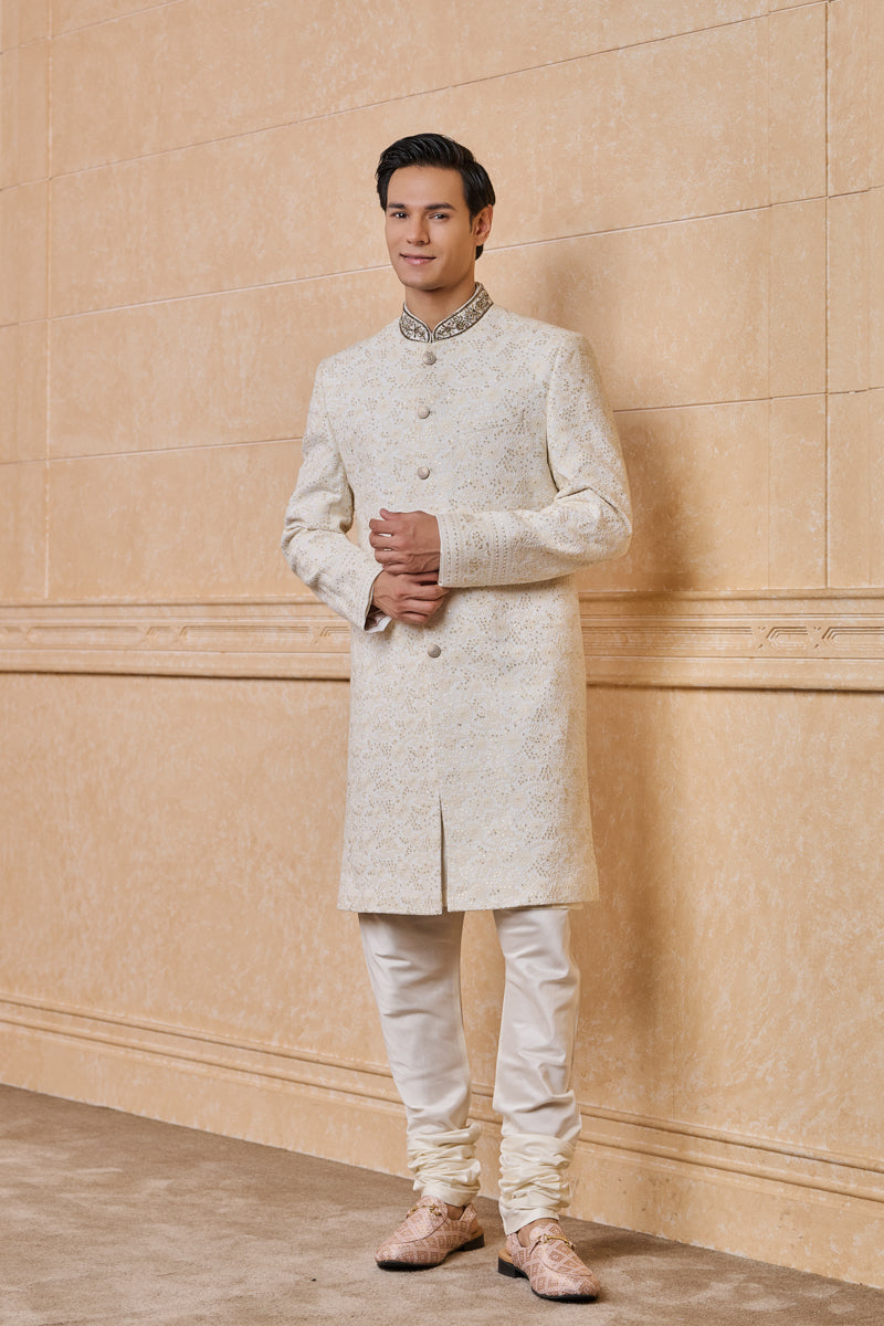 Ivory Georgette Embroidered Sherwani