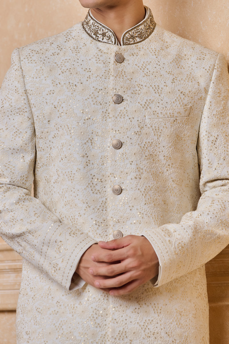 Ivory Georgette Embroidered Sherwani