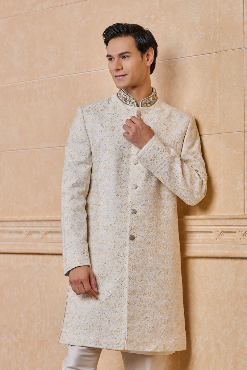 Ivory Georgette Embroidered Sherwani