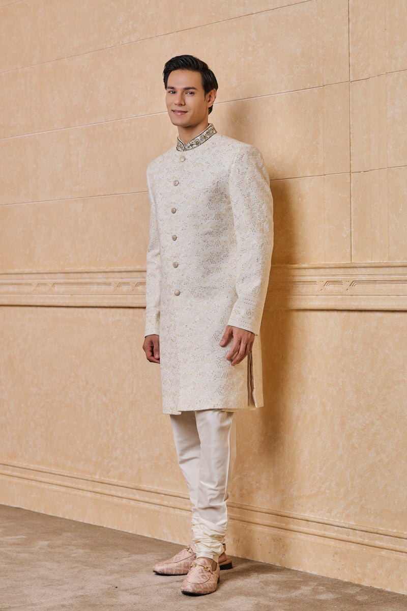 Ivory Georgette Embroidered Sherwani