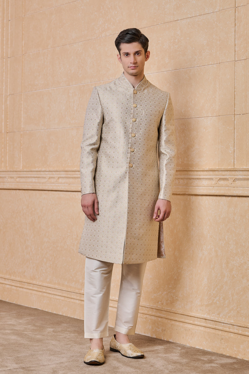 Ivory Brocade Sherwani With Embroidered Collar