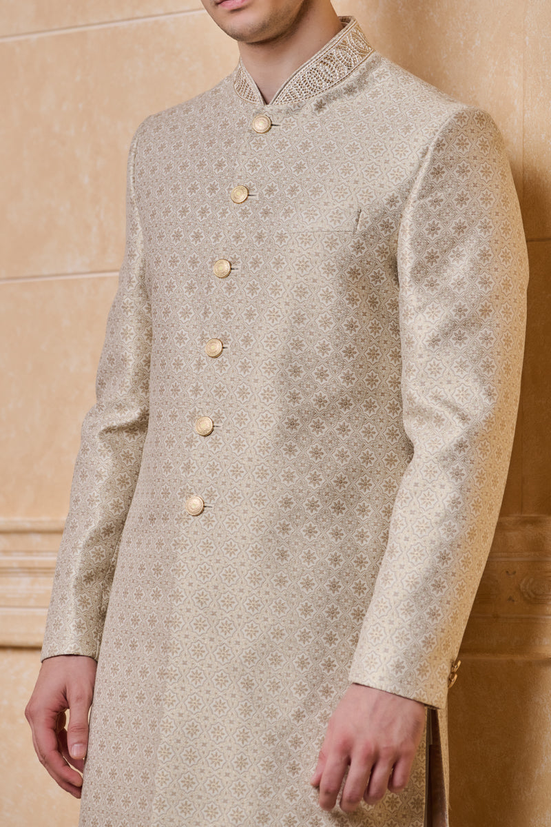 Ivory Brocade Sherwani With Embroidered Collar