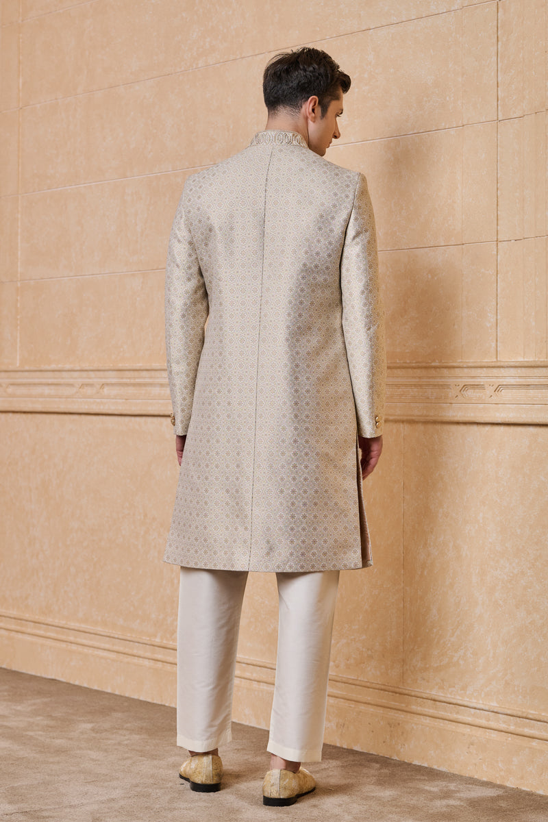 Ivory Brocade Sherwani With Embroidered Collar