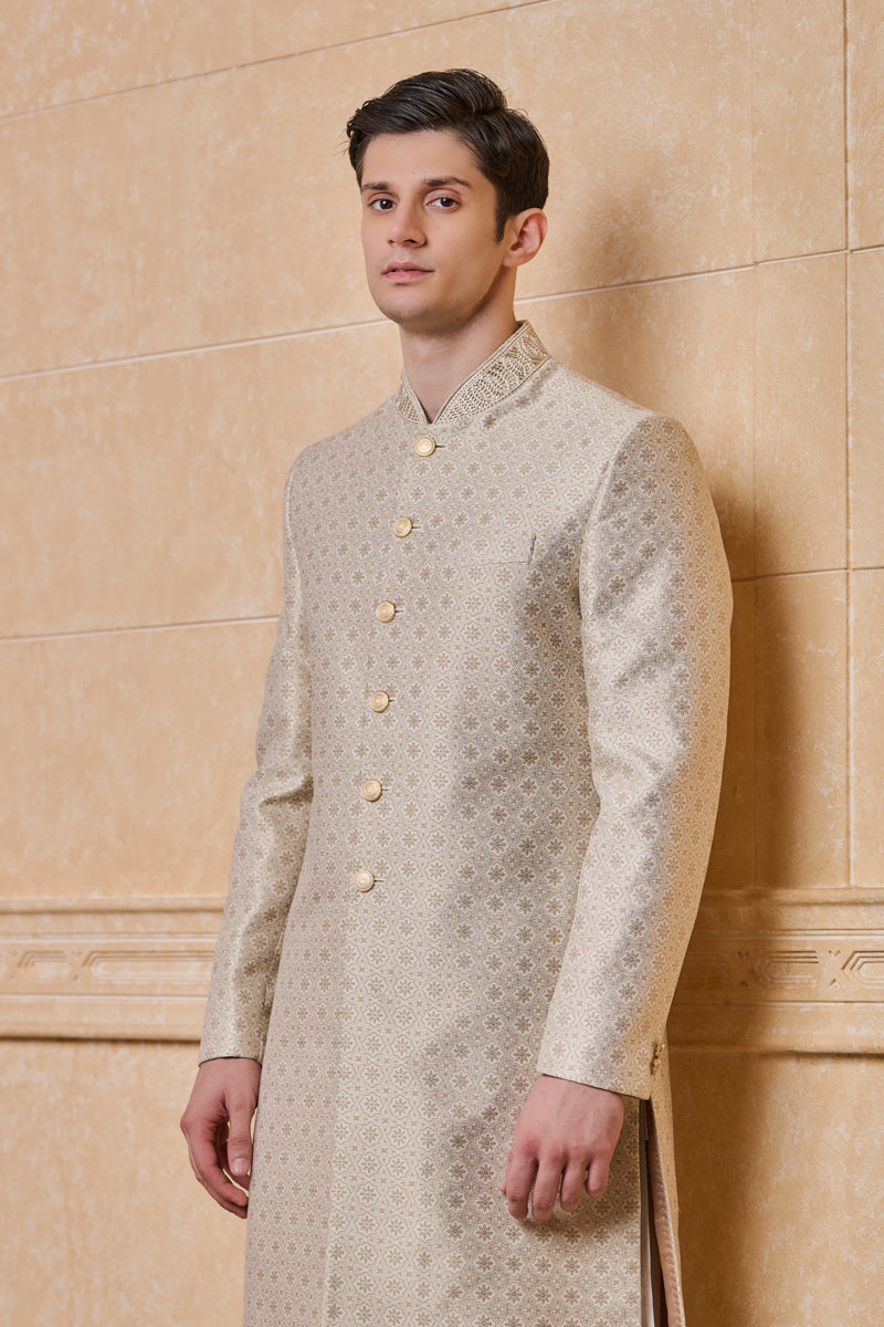 Ivory Brocade Sherwani With Embroidered Collar