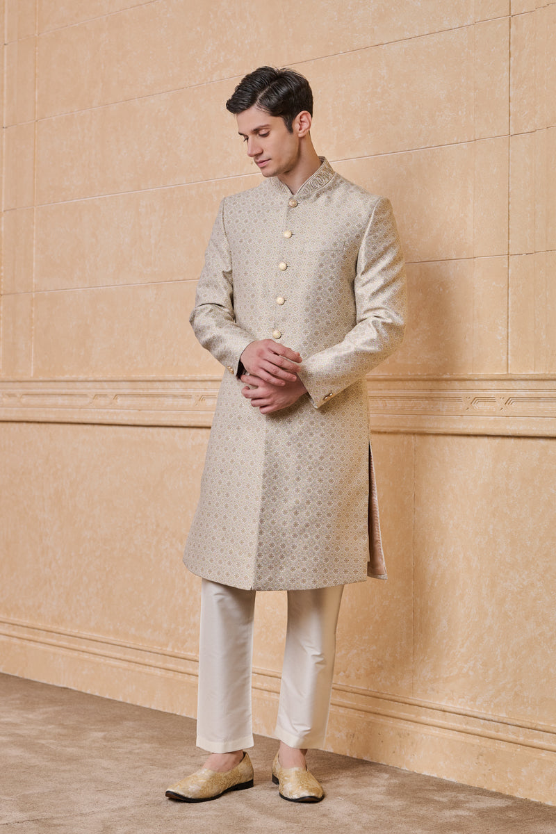 Ivory Brocade Sherwani With Embroidered Collar