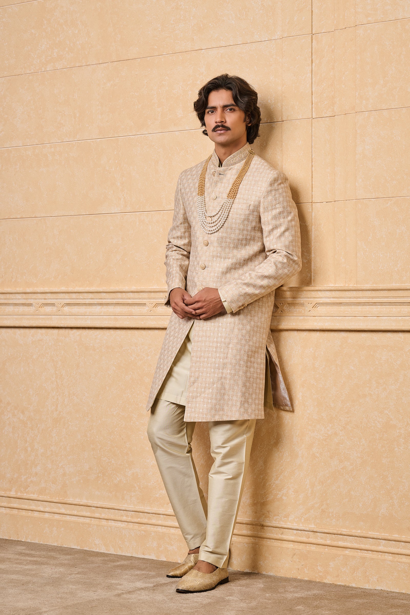 Beige Brocade Sherwani