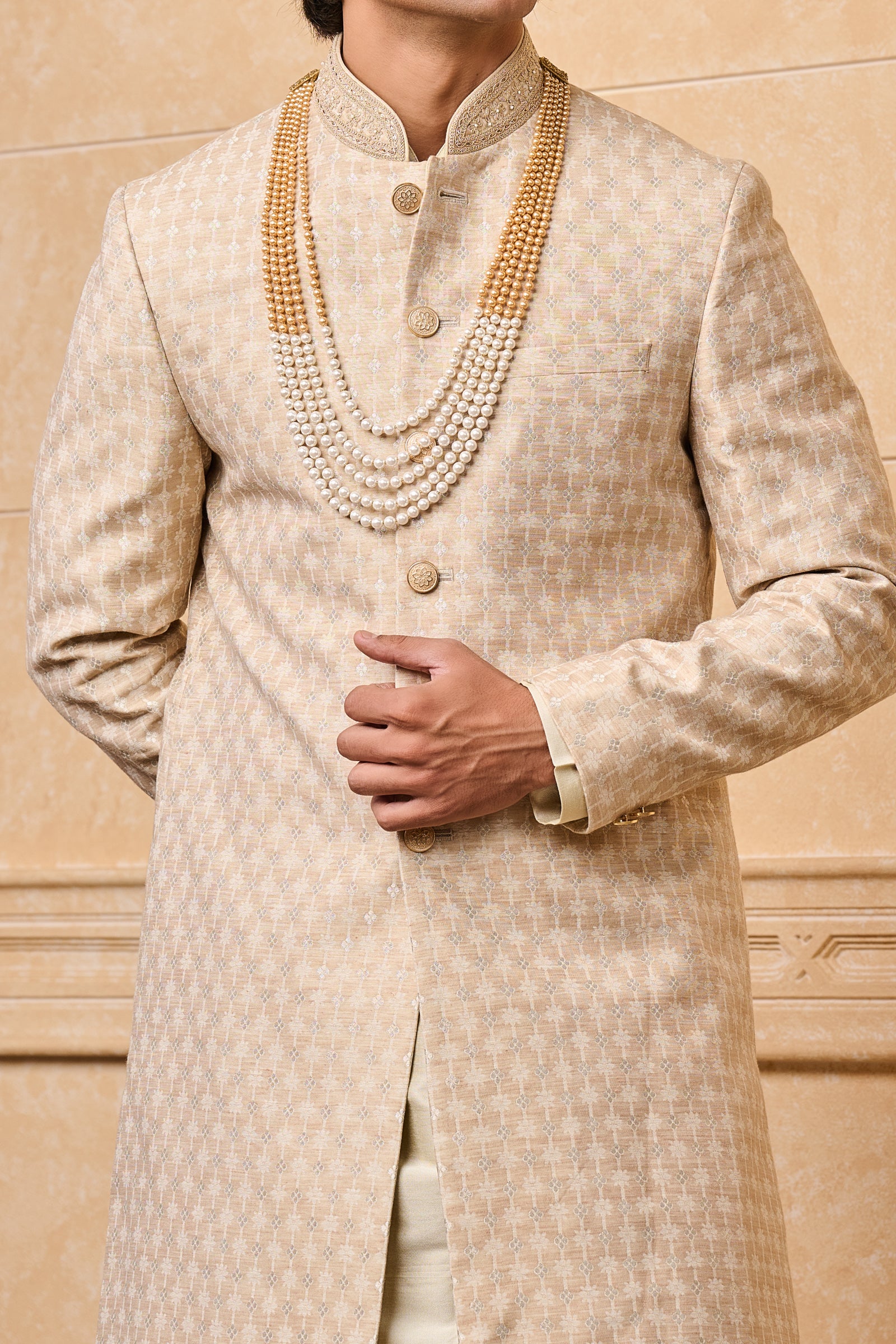 Beige Brocade Sherwani