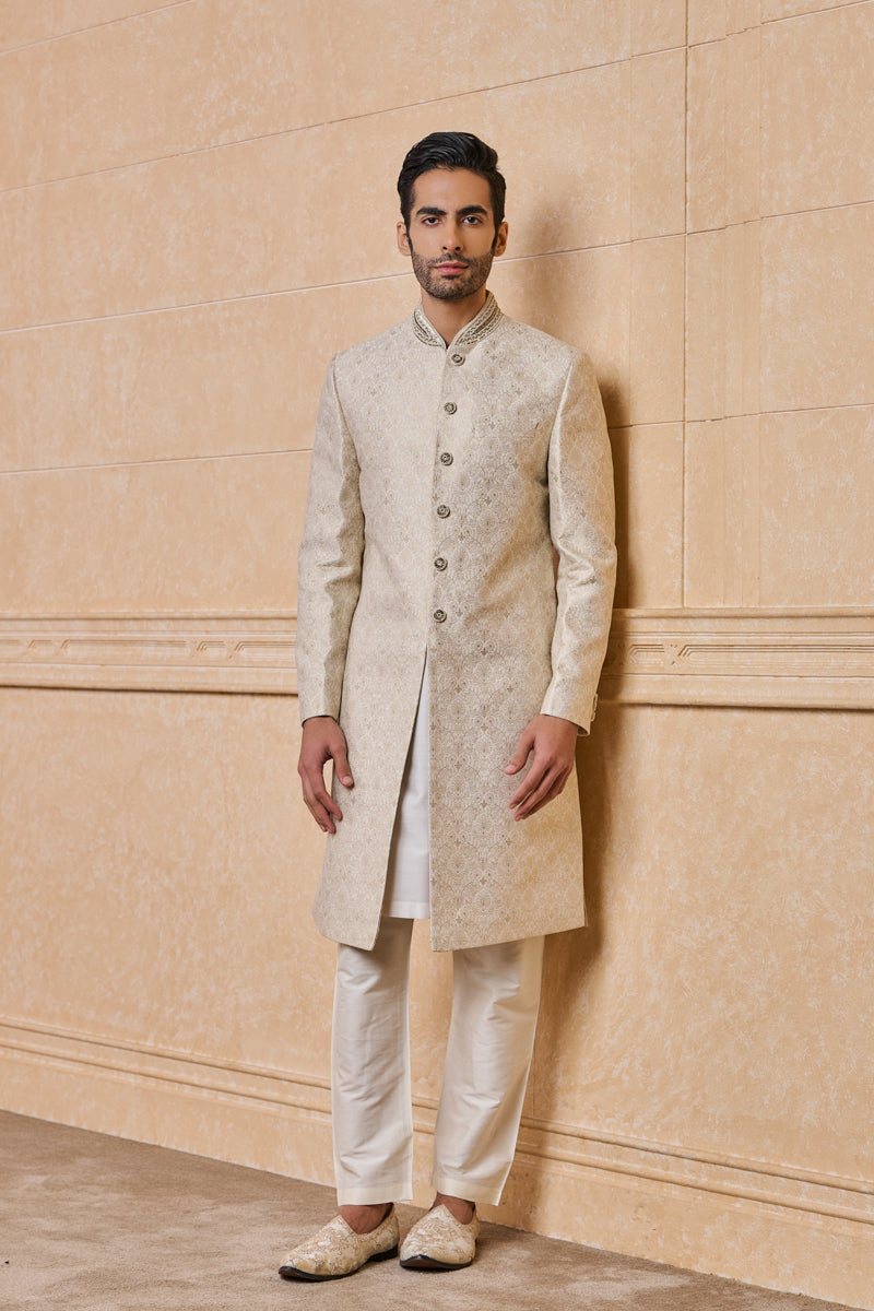 Ivory Brocade Sherwani With Embroidered Collar