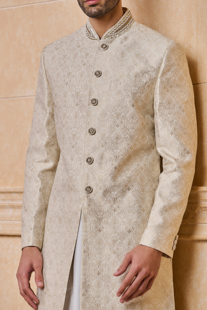 Ivory Brocade Sherwani With Embroidered Collar