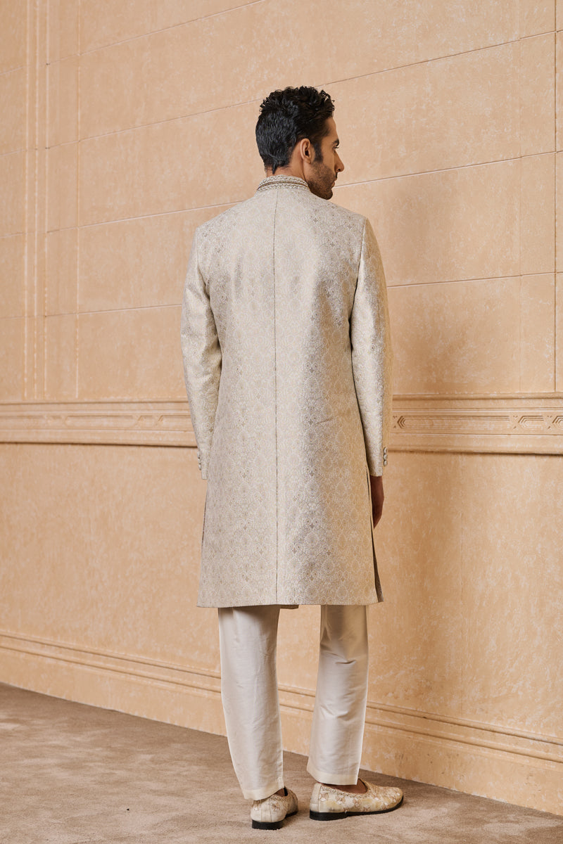 Ivory Brocade Sherwani With Embroidered Collar