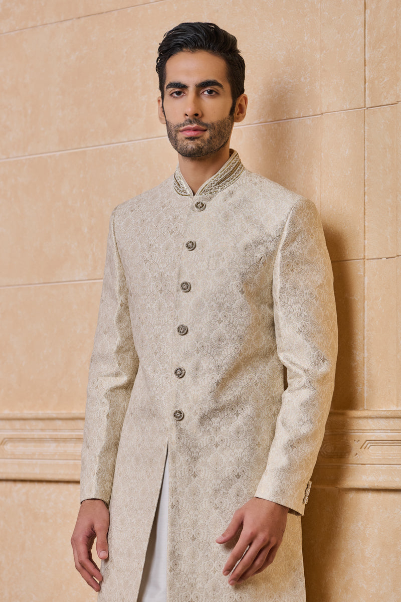 Ivory Brocade Sherwani With Embroidered Collar