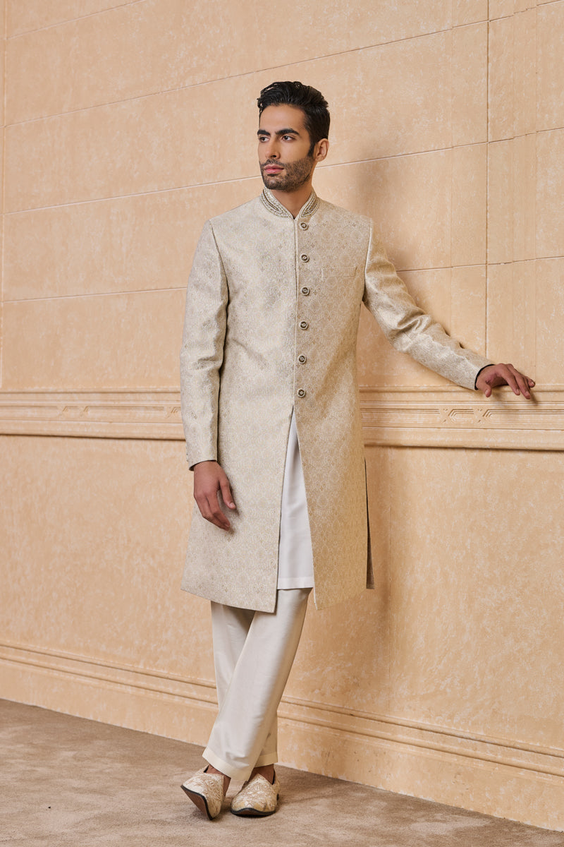 Ivory Brocade Sherwani With Embroidered Collar