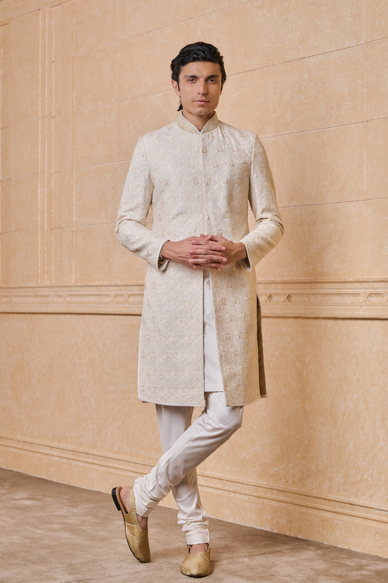 Ivory Resham And Pearl Embroidered Sherwani