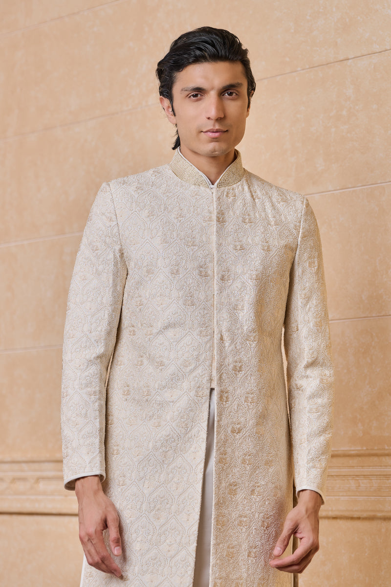 Ivory Resham And Pearl Embroidered Sherwani