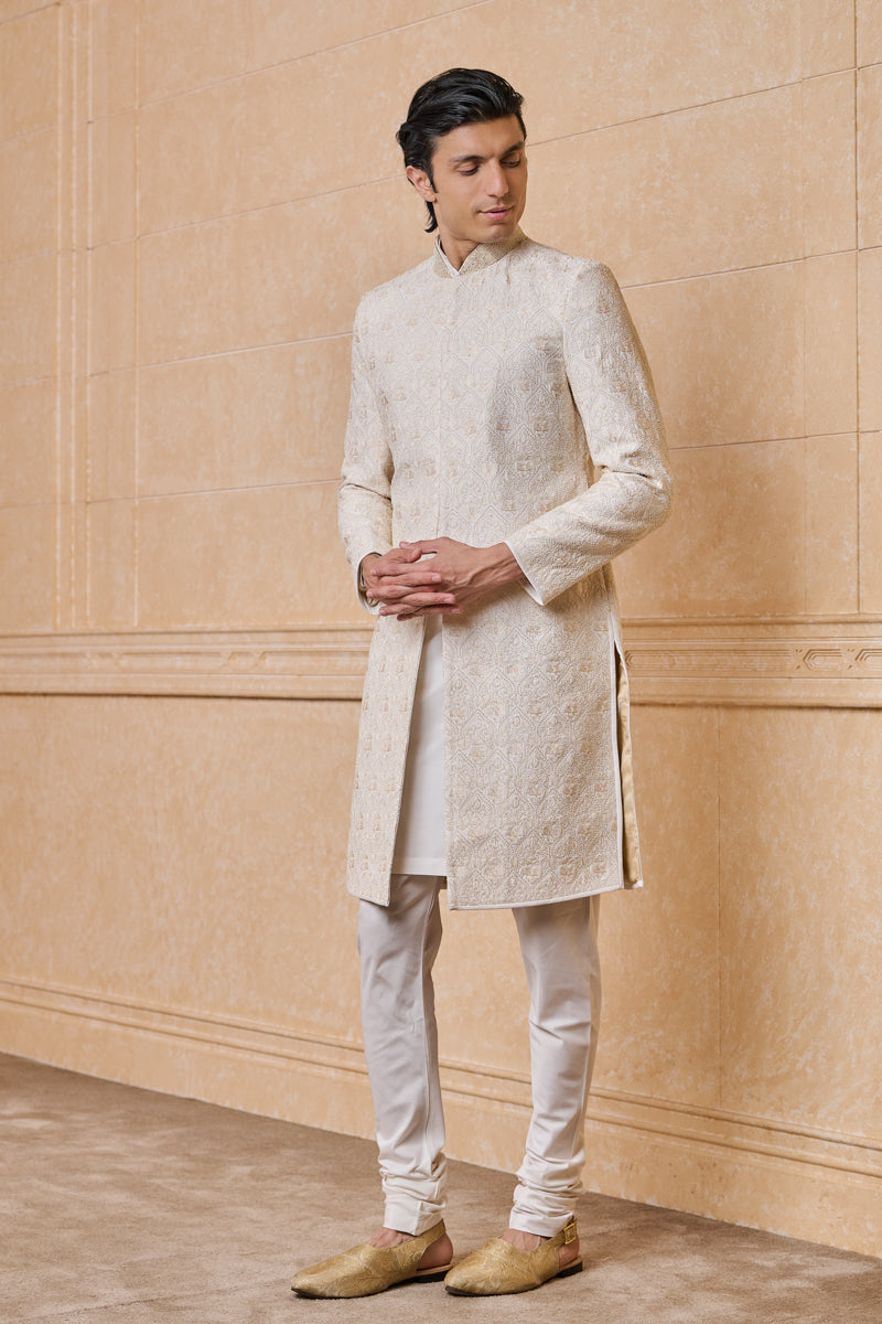 Ivory Resham And Pearl Embroidered Sherwani