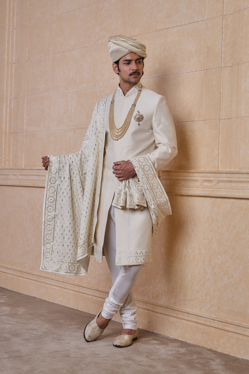 Ivory Sherwani With Fine Thread and Gota Work