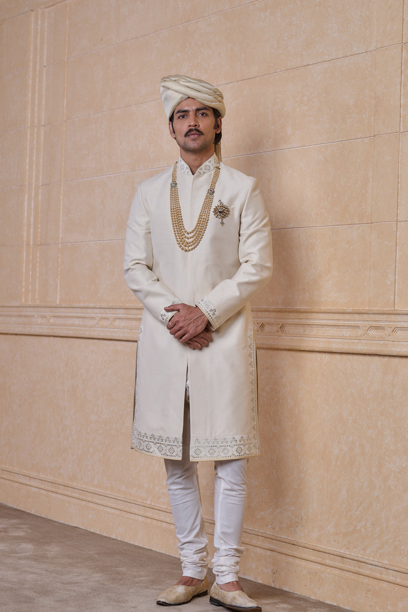 Ivory Sherwani With Fine Thread and Gota Work