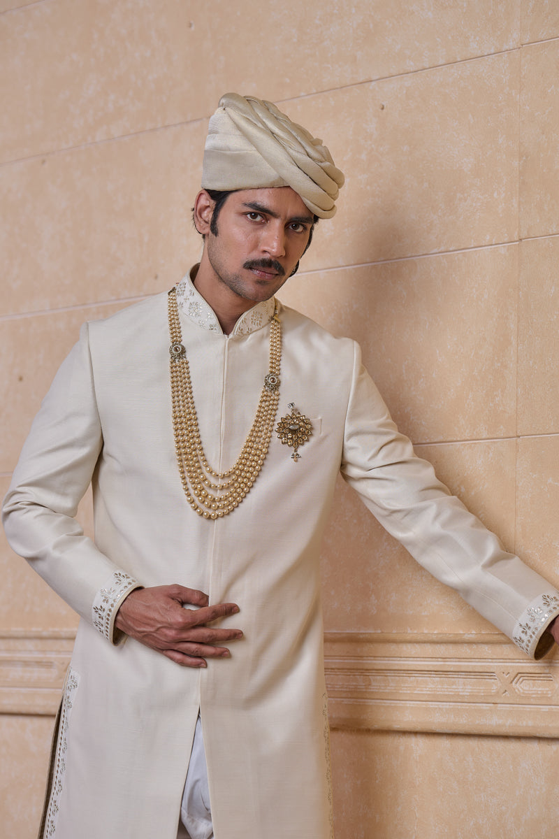 Ivory Sherwani With Fine Thread and Gota Work