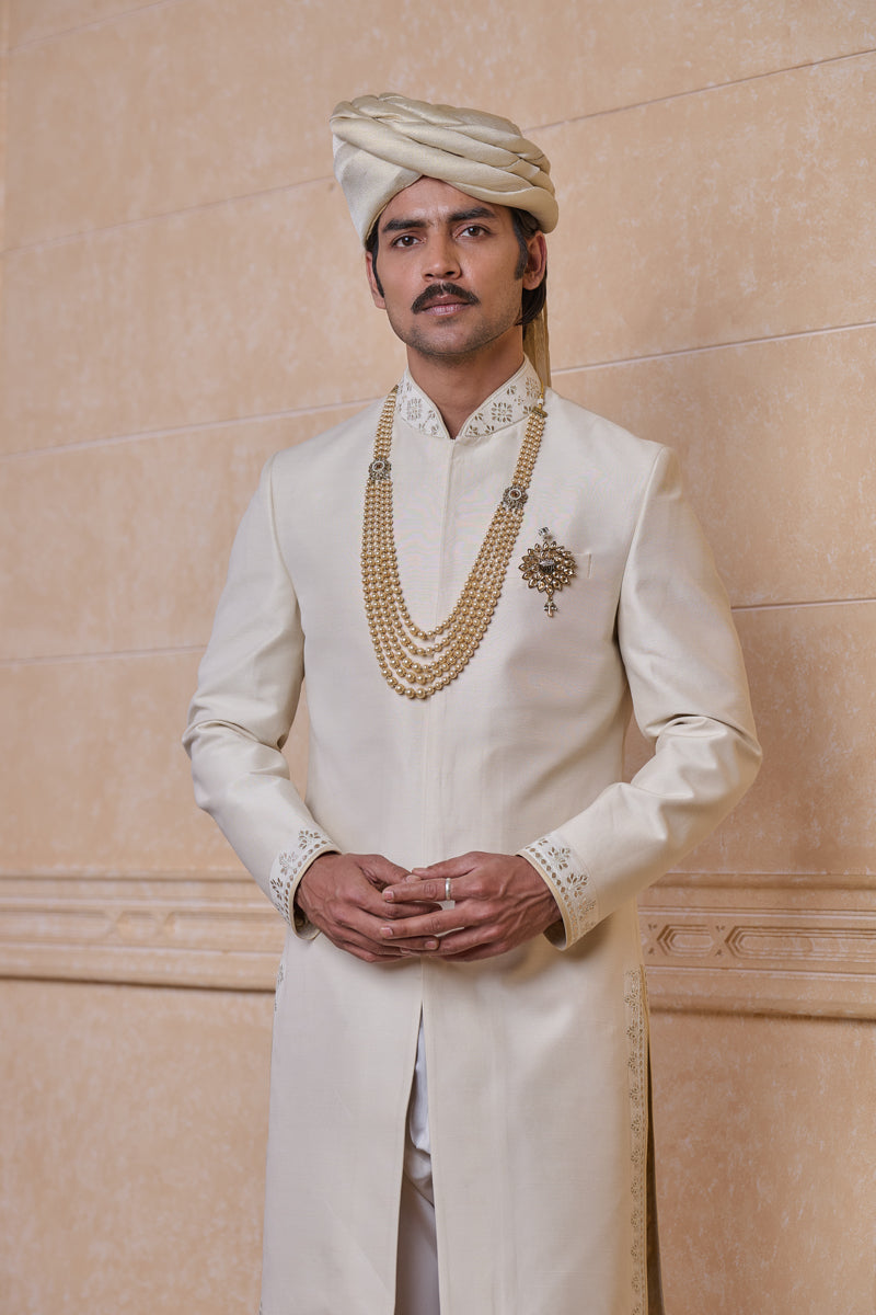 Ivory Sherwani With Fine Thread and Gota Work