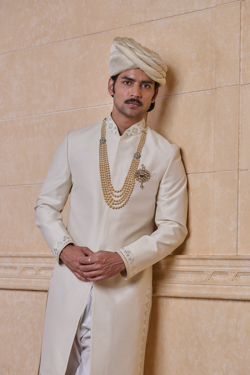 Ivory Sherwani With Fine Thread and Gota Work