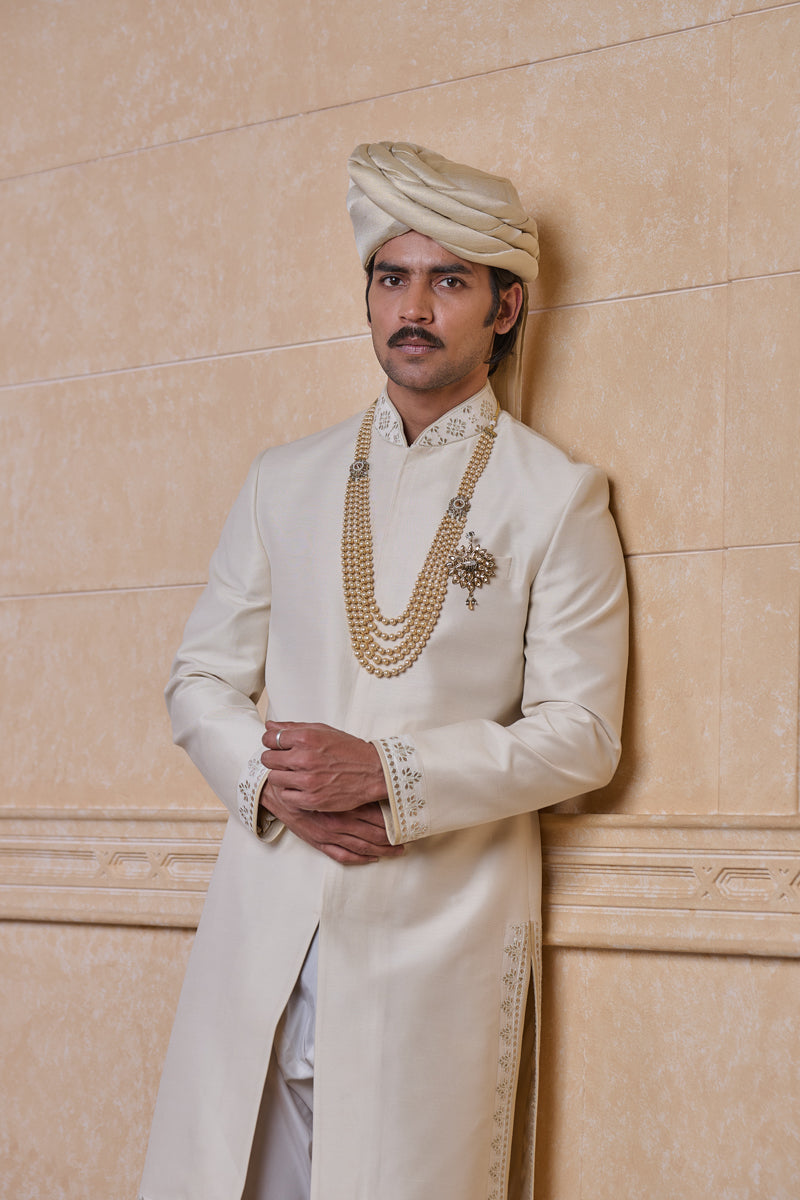 Ivory Sherwani With Fine Thread and Gota Work