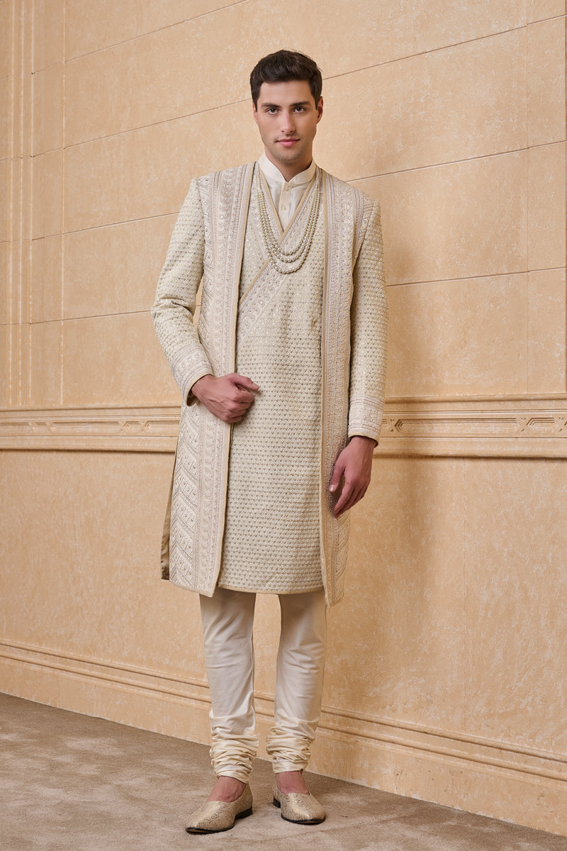 Ivory Angrakha Style Layered Sherwani