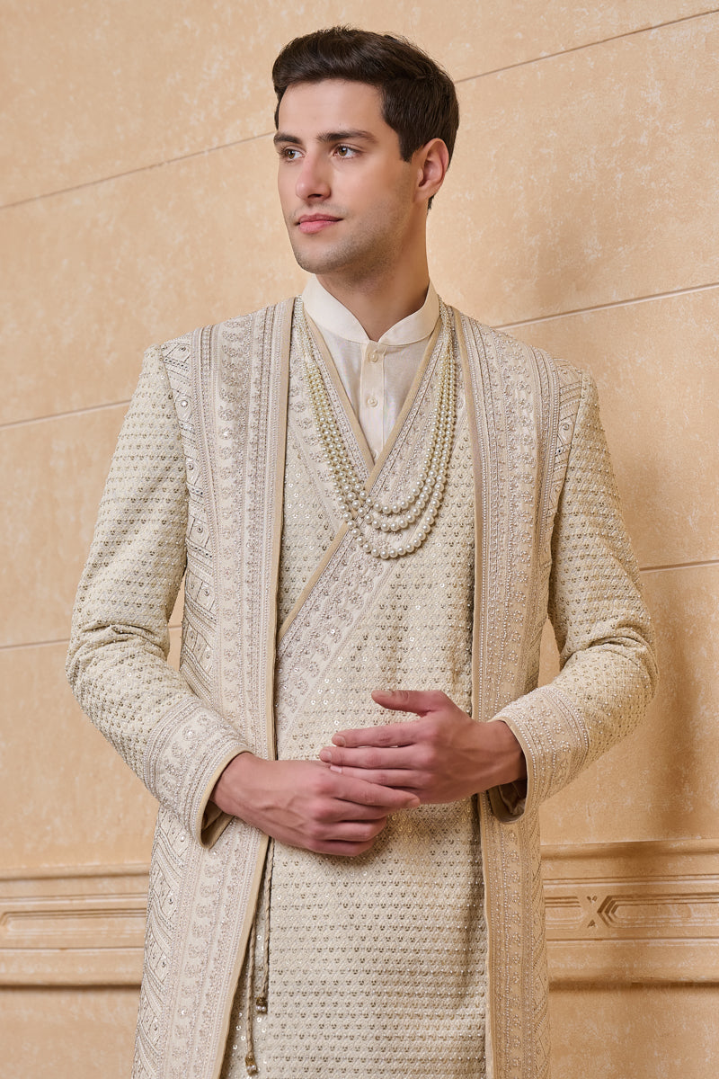 Ivory Angrakha Style Layered Sherwani