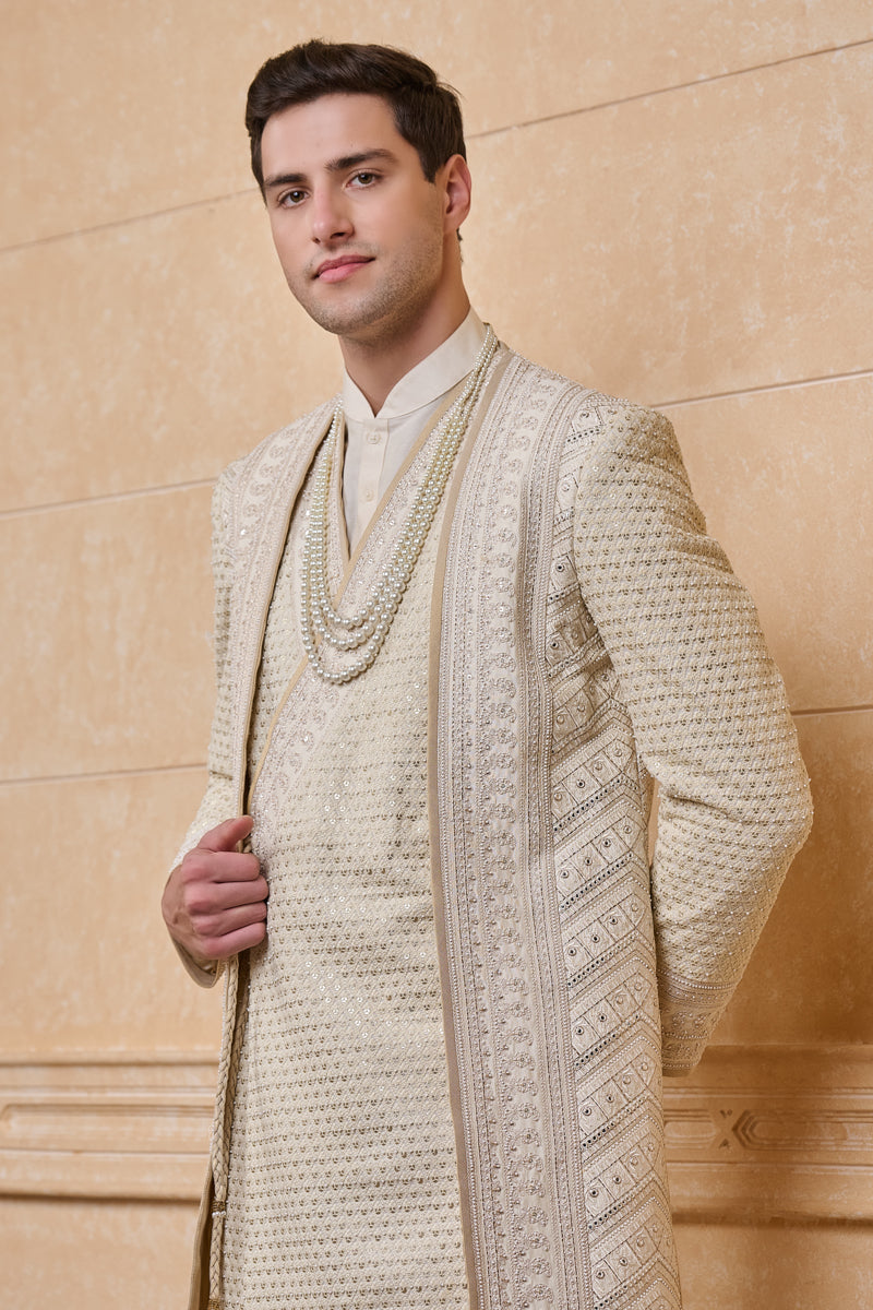 Ivory Angrakha Style Layered Sherwani