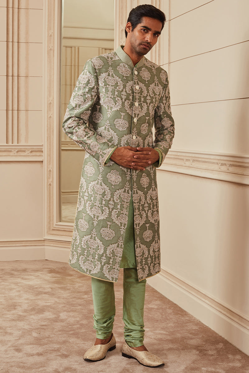 Green Printed Sherwani With Aari Embroidery