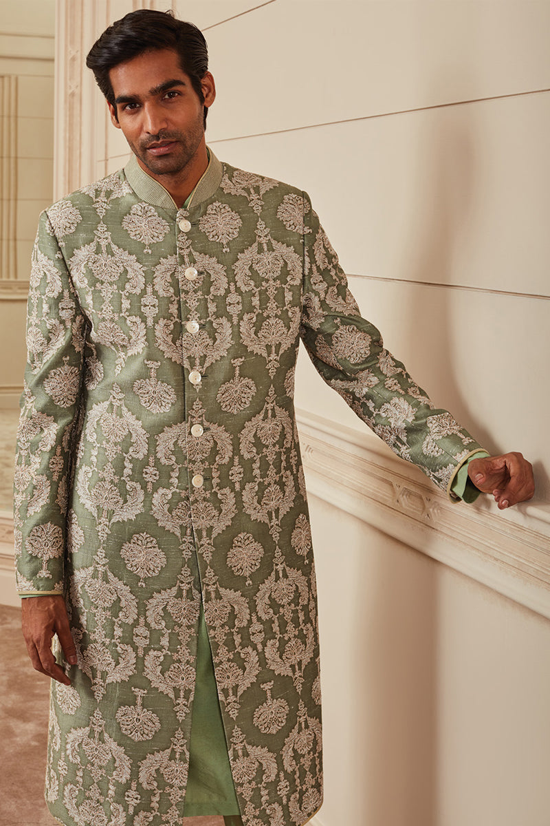 Green Printed Sherwani With Aari Embroidery