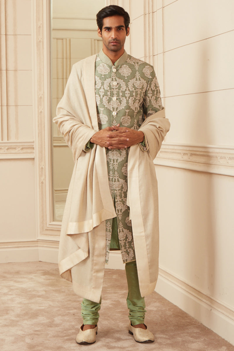 Green Printed Sherwani With Aari Embroidery