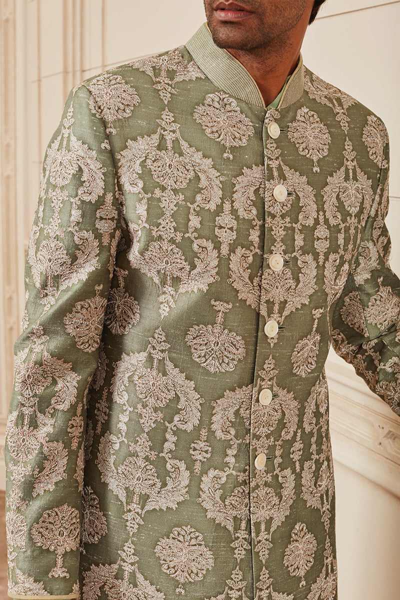 Green Printed Sherwani With Aari Embroidery