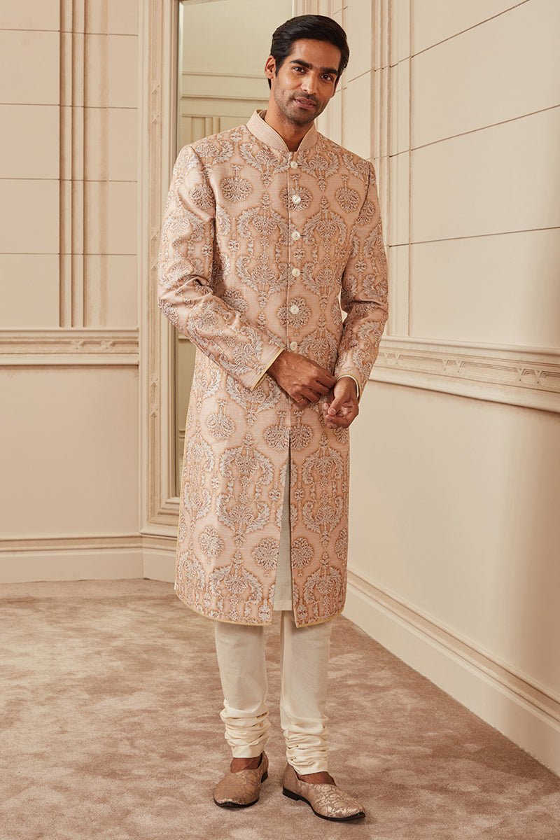 Beige Printed Sherwani With Aari Embroidery