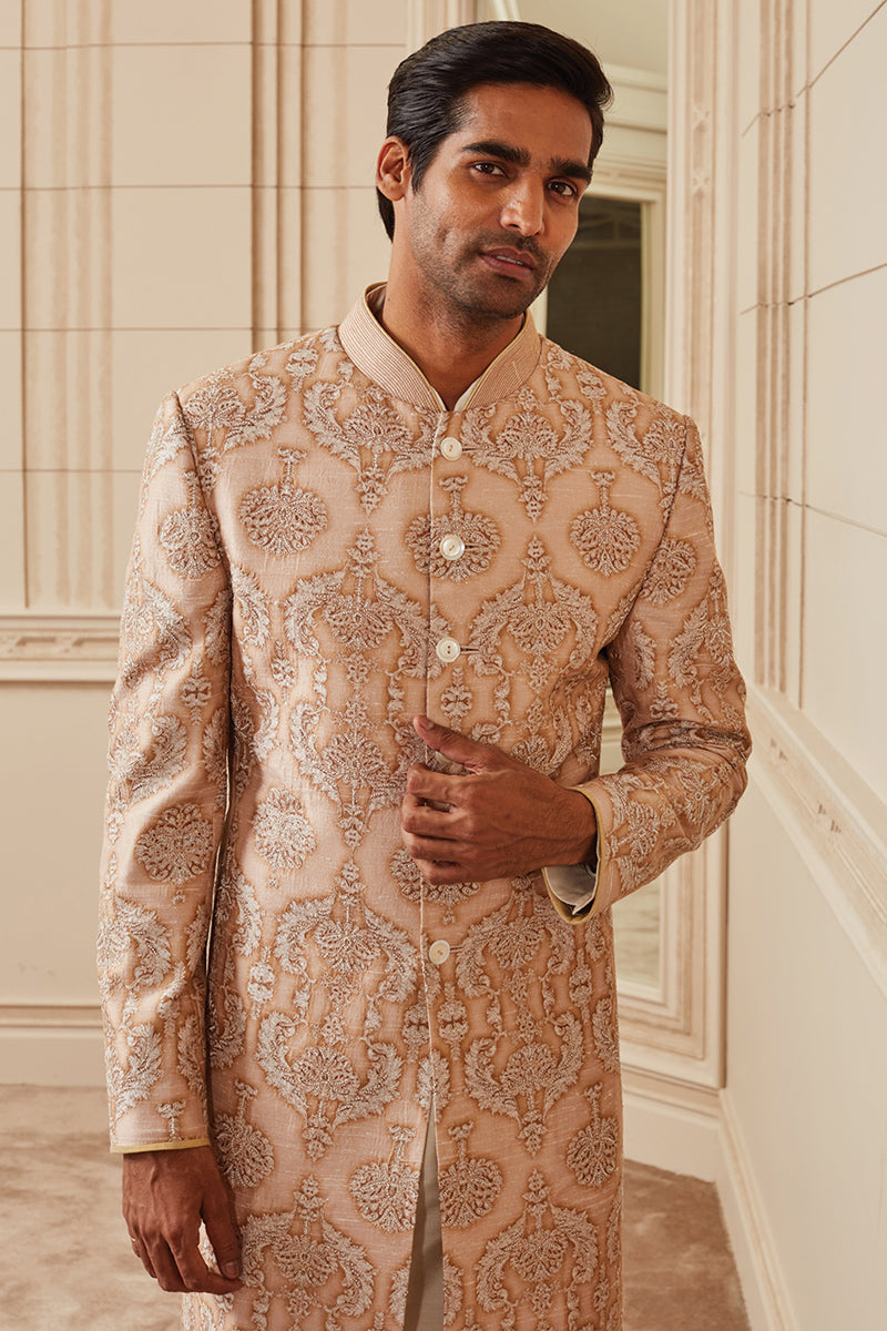 Beige Printed Sherwani With Aari Embroidery