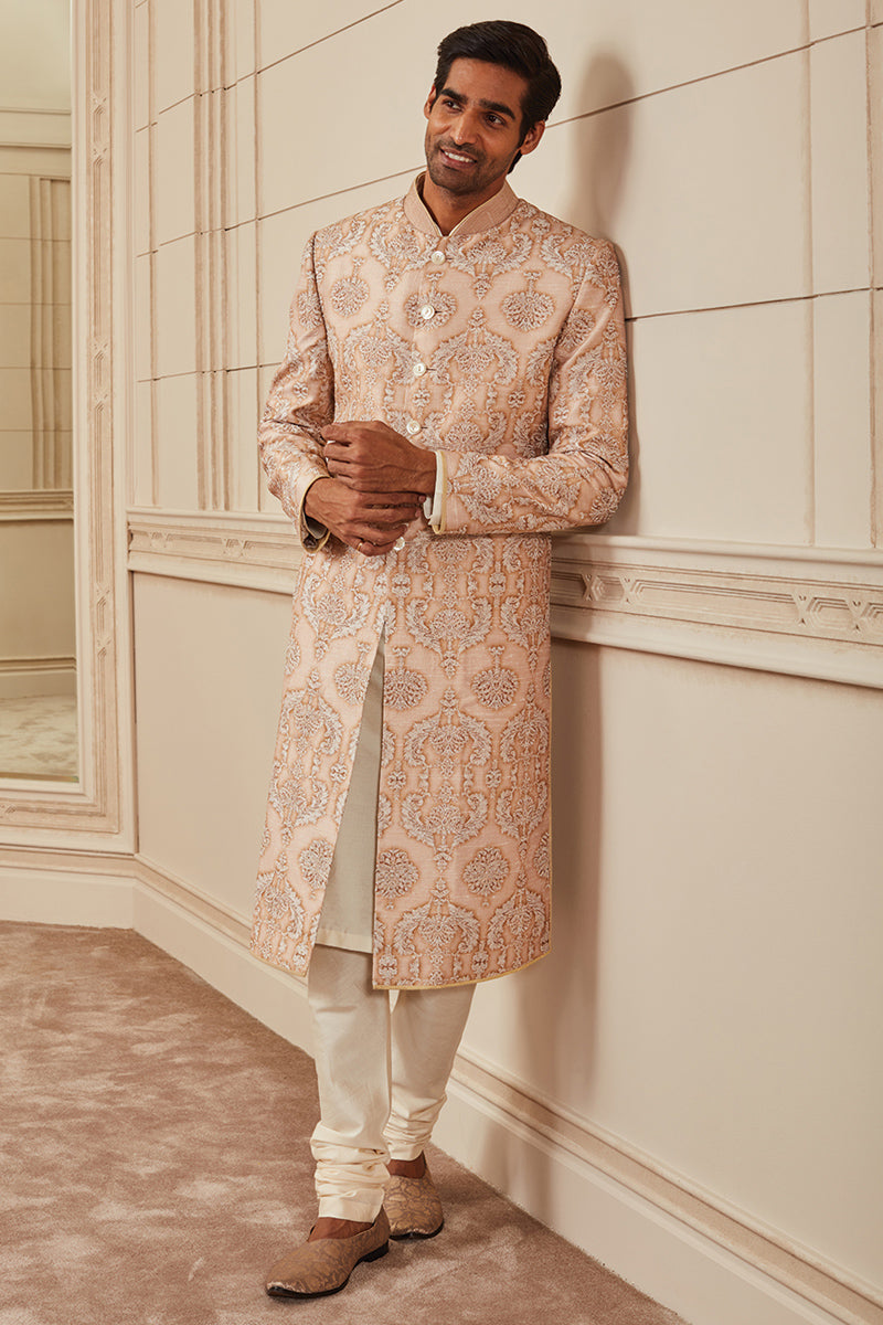 Beige Printed Sherwani With Aari Embroidery