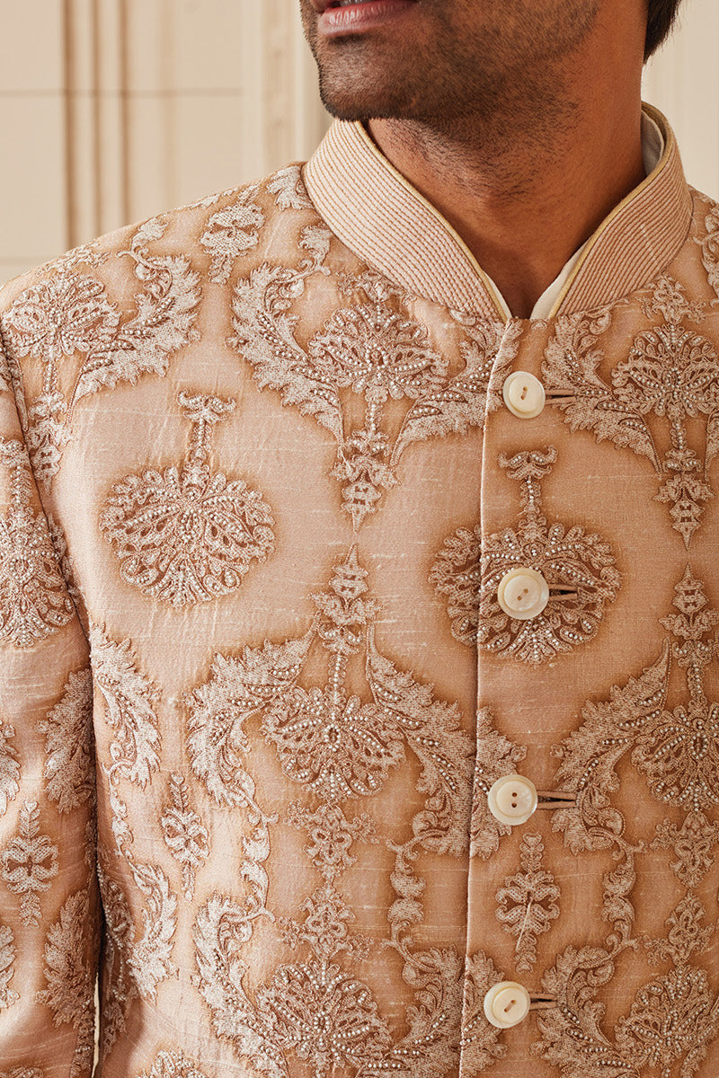 Beige Printed Sherwani With Aari Embroidery