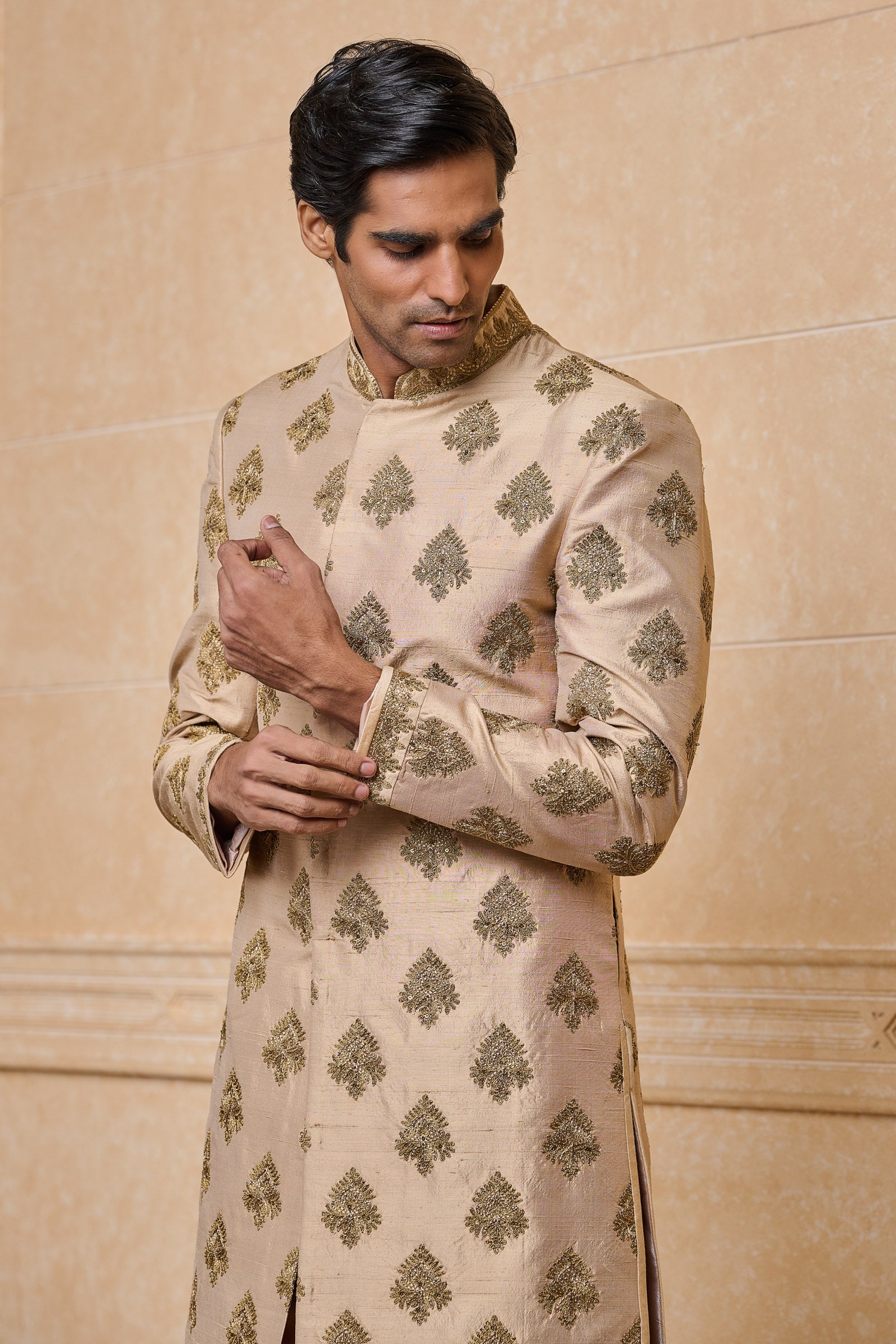 Gold All Over Zari Butta Embroidered Sherwani