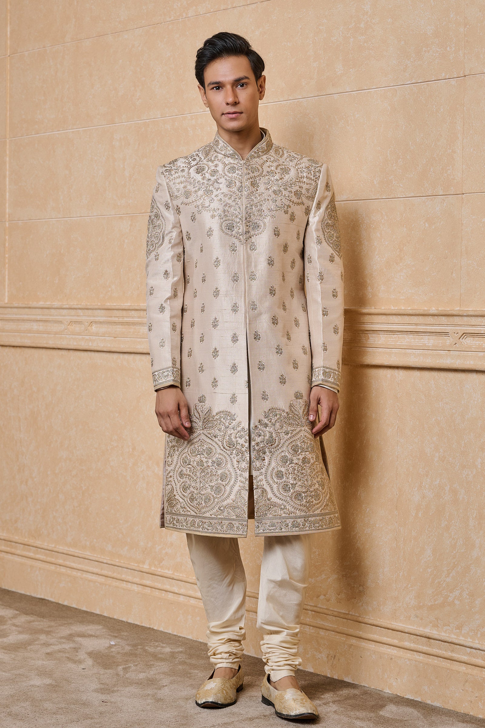 Ivory Raw Sherwani With Placement Embroidery