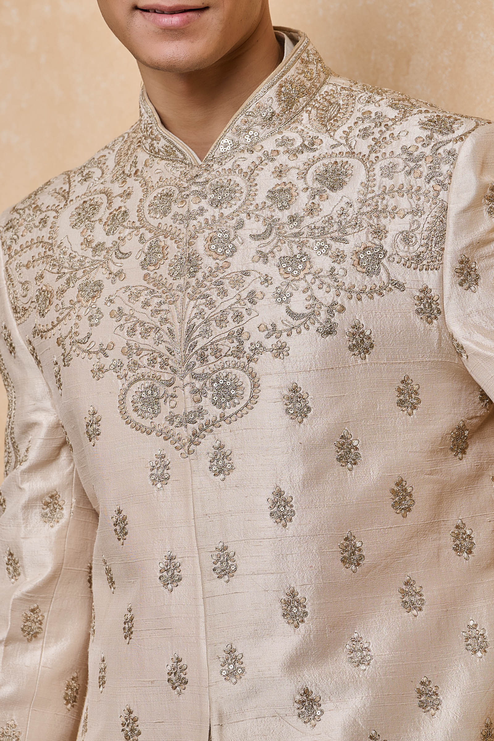 Ivory Raw Sherwani With Placement Embroidery